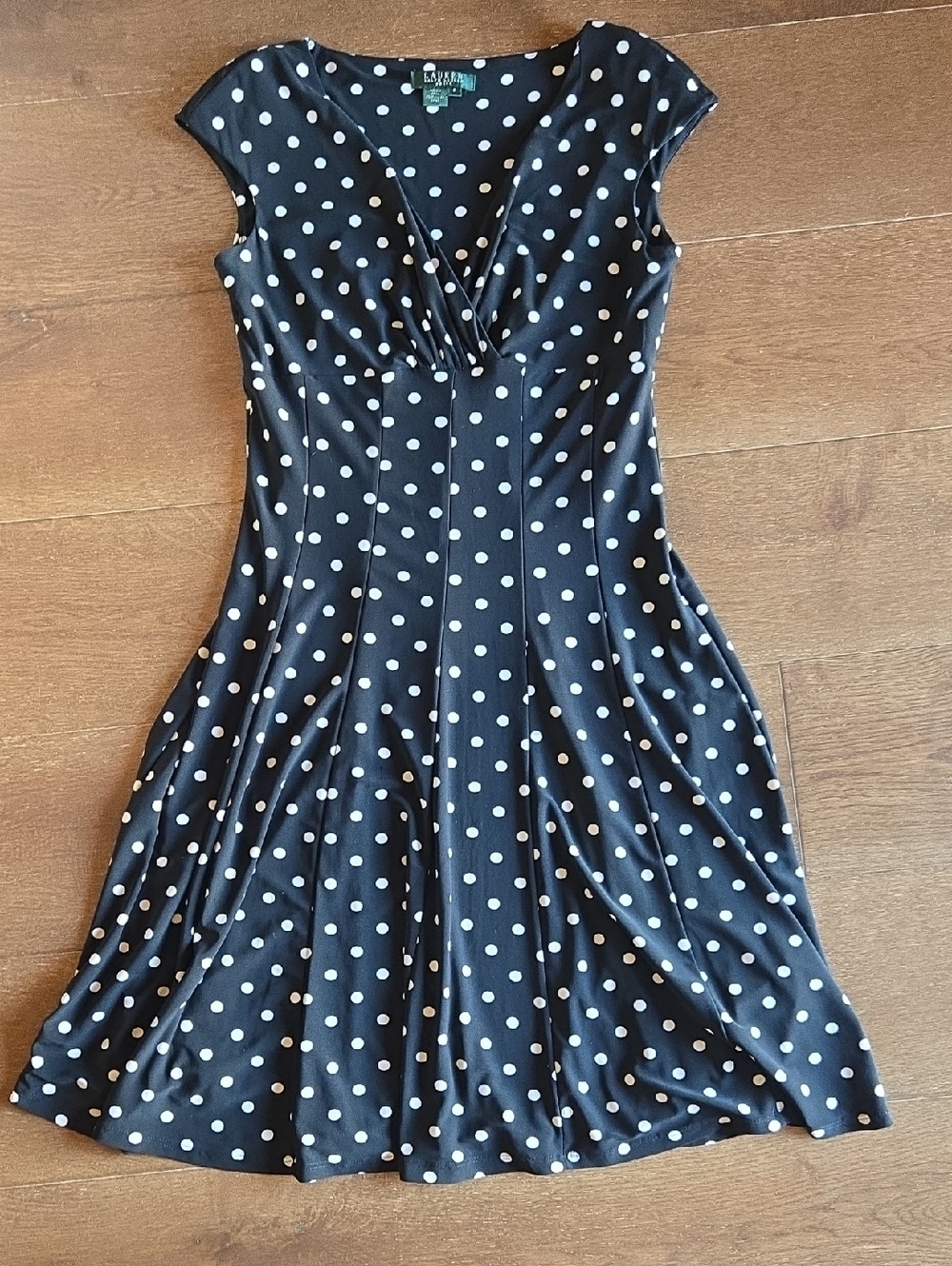 Lauren Ralph Lauren Black Midi Dress with White Polka Dots Fit And Flare